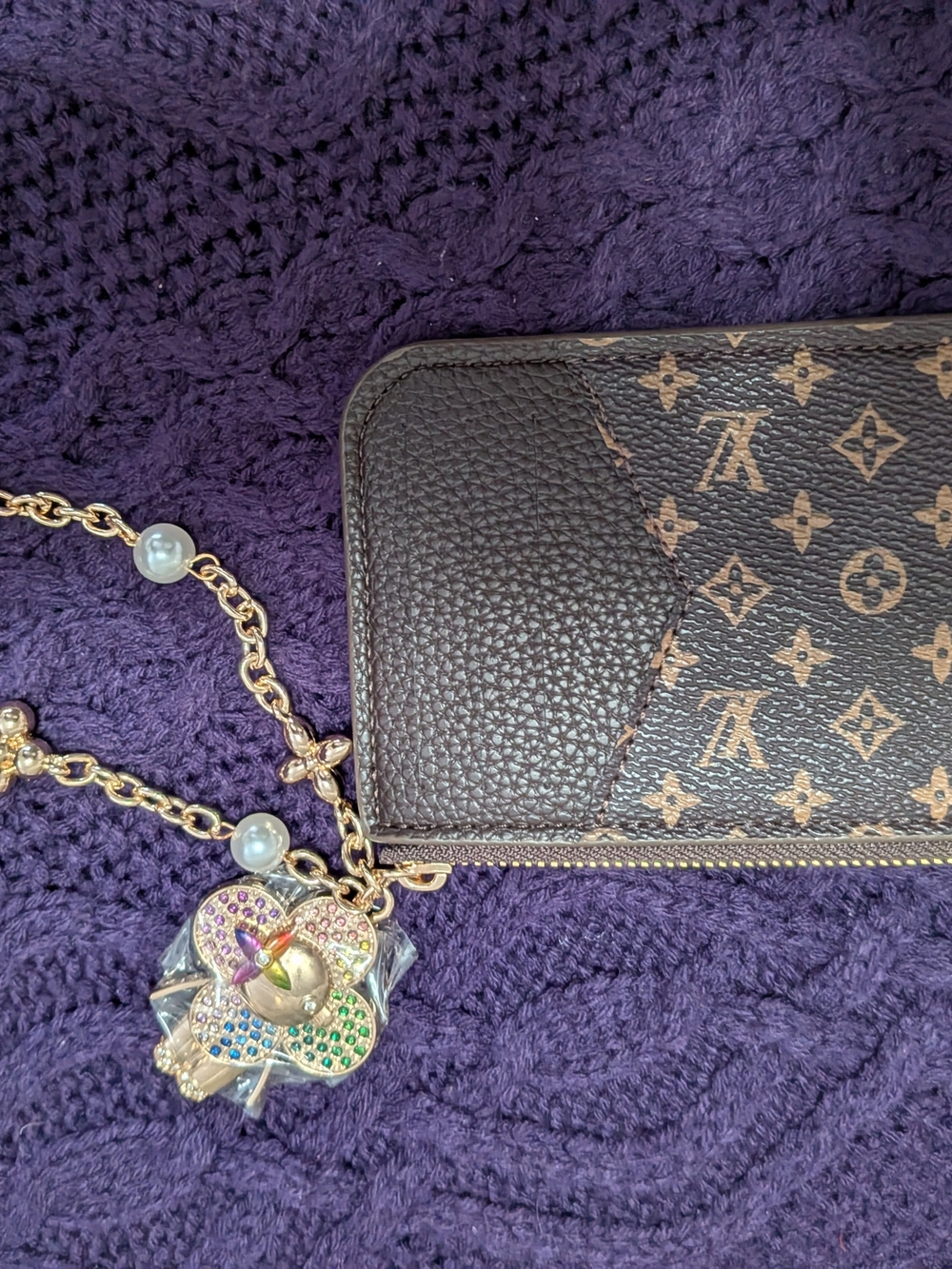 Brown Monogram Zip Card Holder Wallet with Multicolor Charm Chain